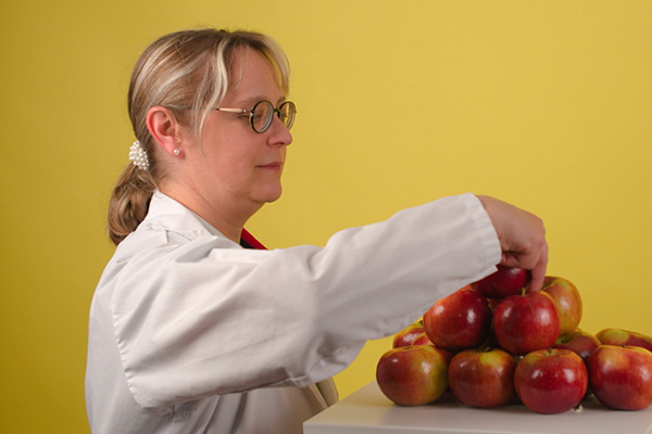 Scientifique manipulant des pommes