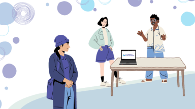 Image représentant des personnes étudiantes devant un kiosque.